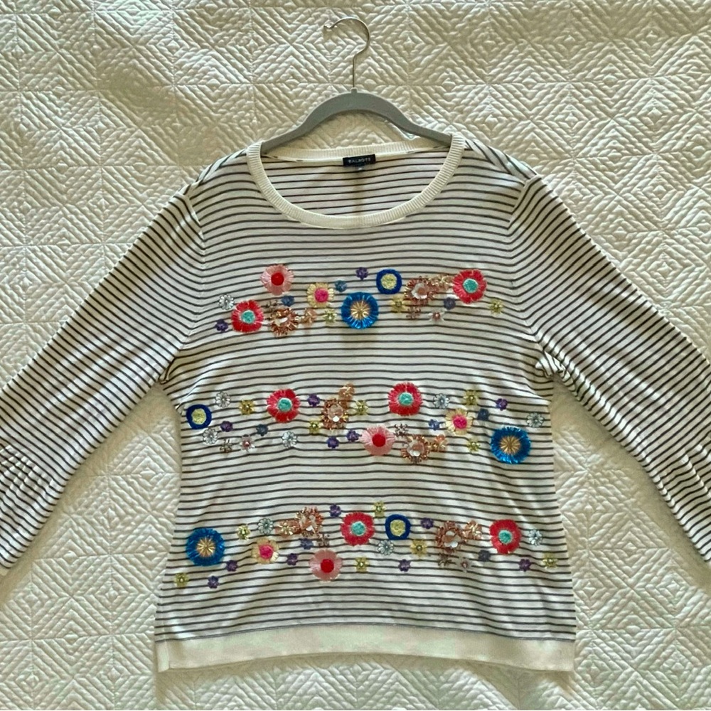 Spring has sprung! Talbots embroidered and beaded flower, with bell sleeves.